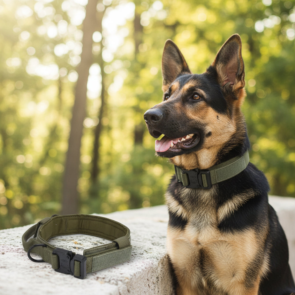 Green dog collar on a white background with a German Shepherd wearing it.