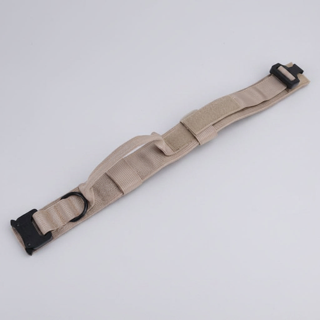 Beige dog collar with black buckle on a white background
