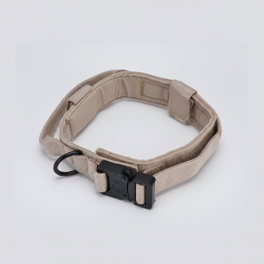 Tan belt with a black buckle on a white background