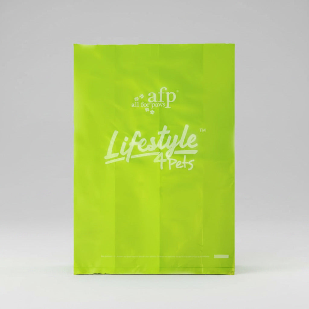 Green bag with 'all for paws' and 'Lifestyle 4 Pets' text on a white background