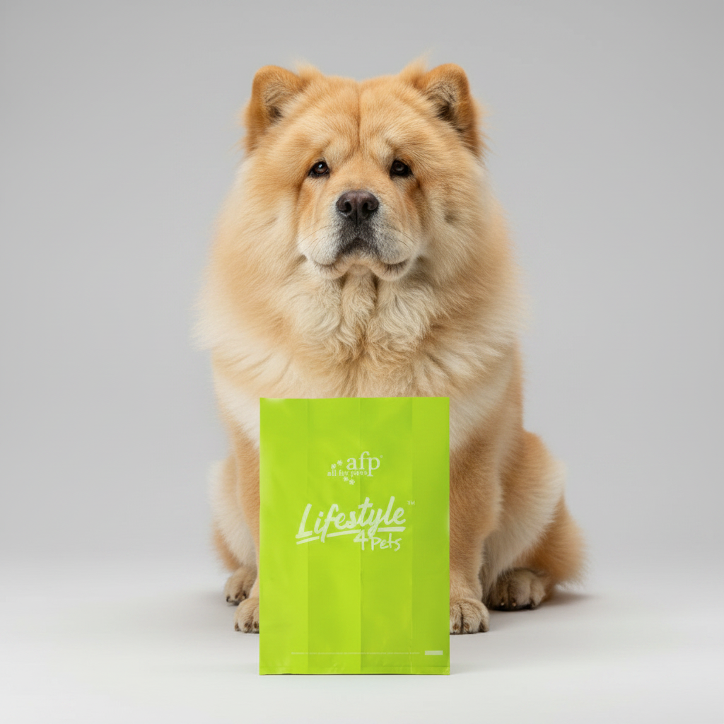 Dog sitting next to a green 'afp Lifestyle' product on a gray background