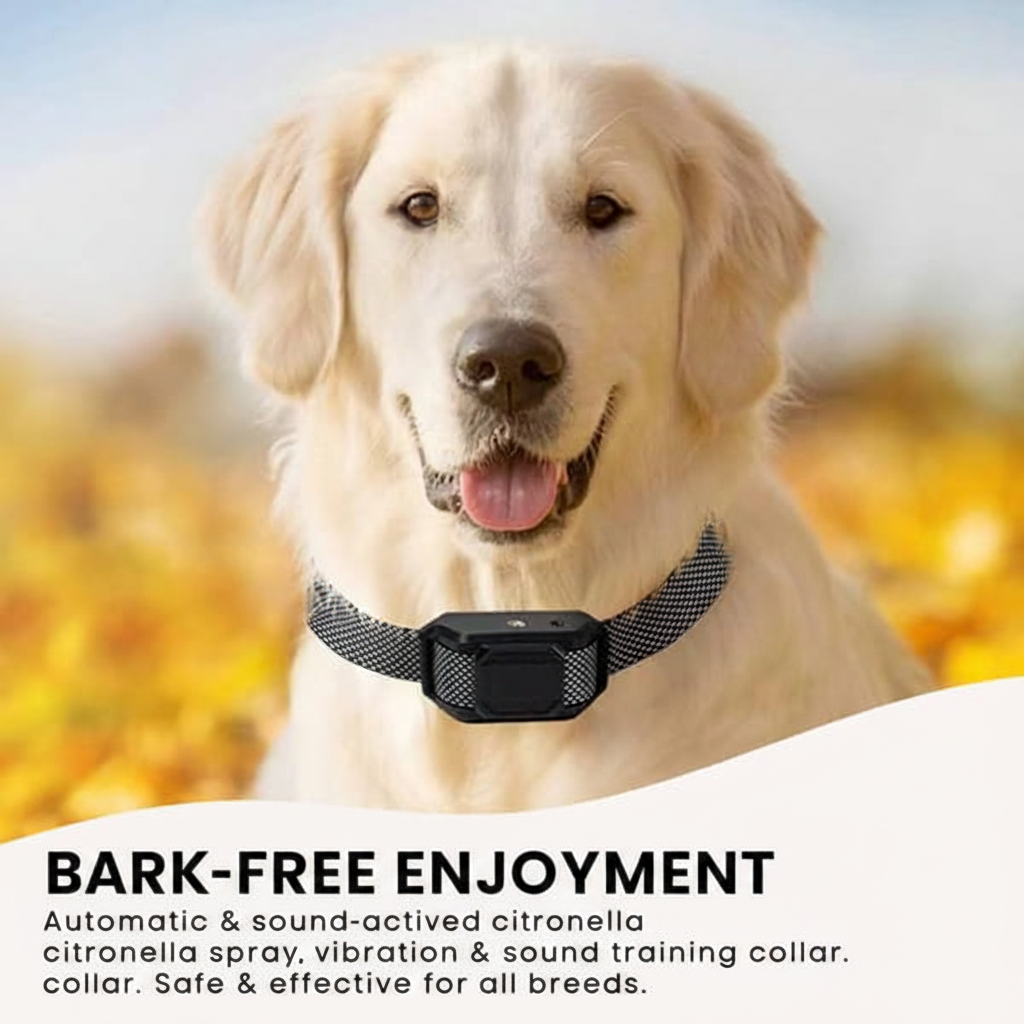 Dog wearing a training collar with a blurred outdoor background