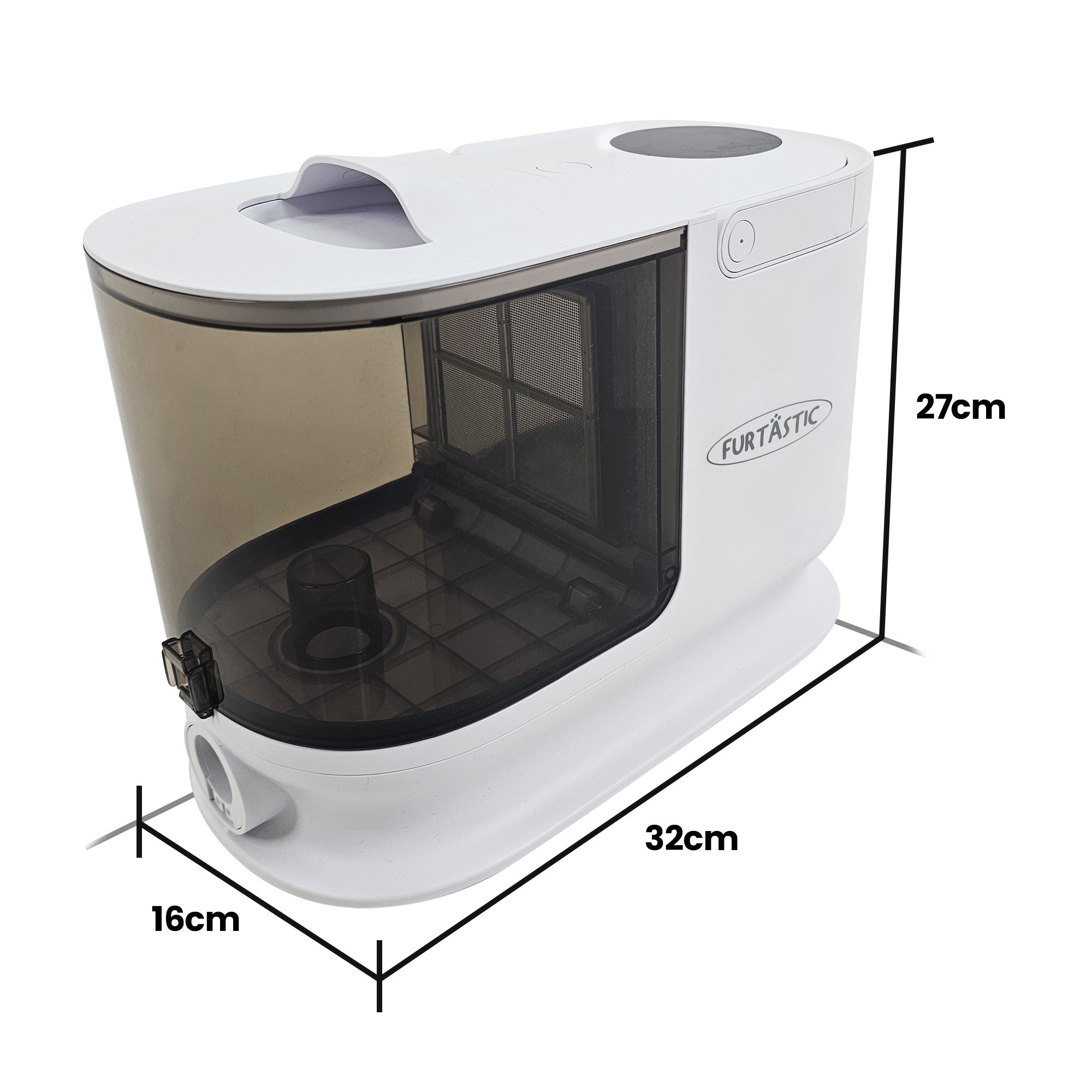 White pet water dispenser with dimensions labeled on a white background