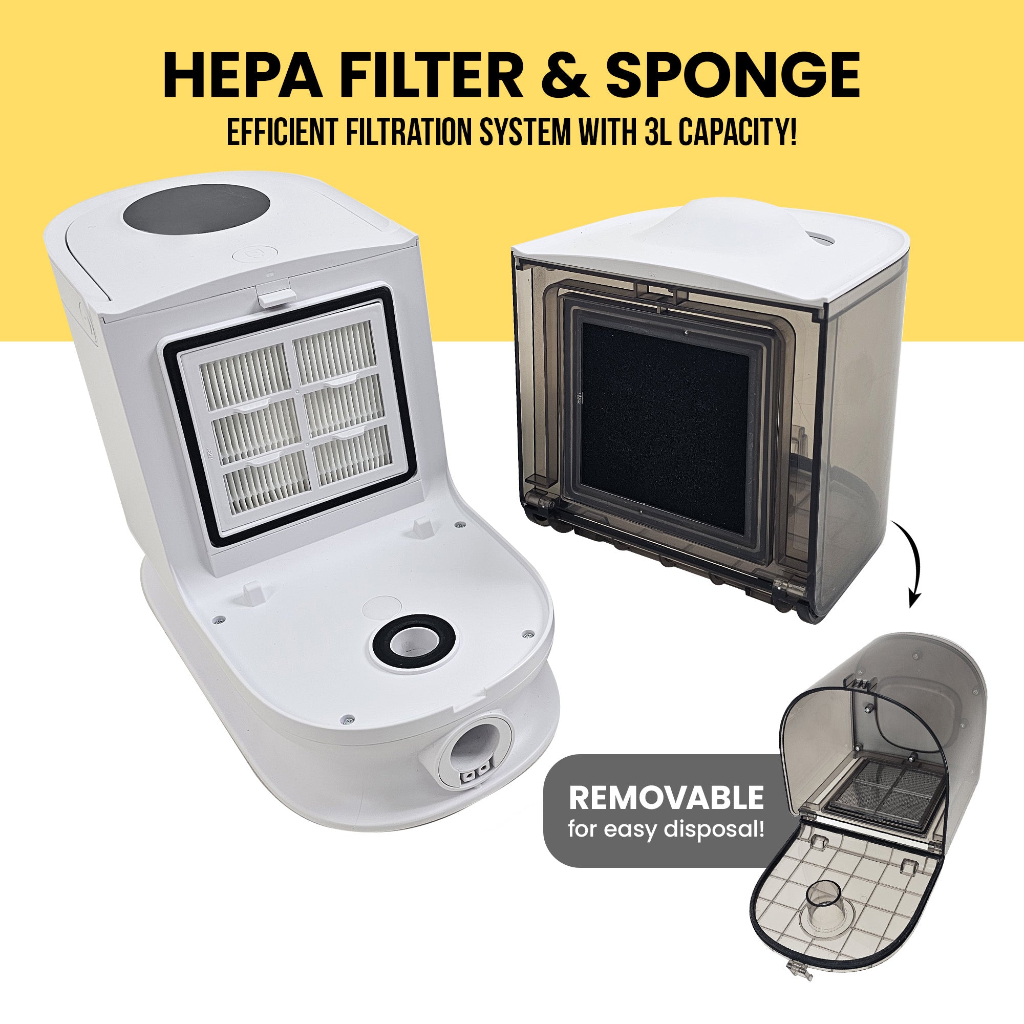 HEPA filter and sponge with 3L capacity on a white background