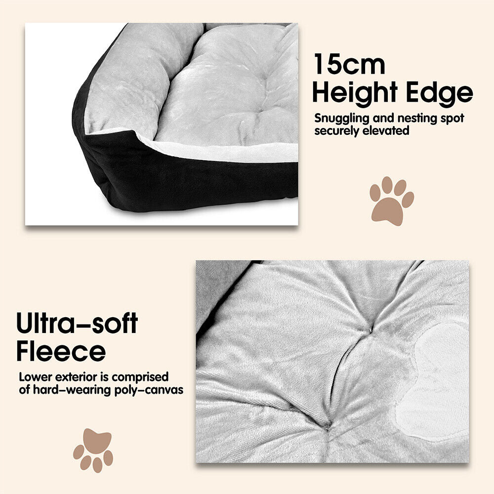 Pet bed with height edge and ultra-soft fleece details on a beige background