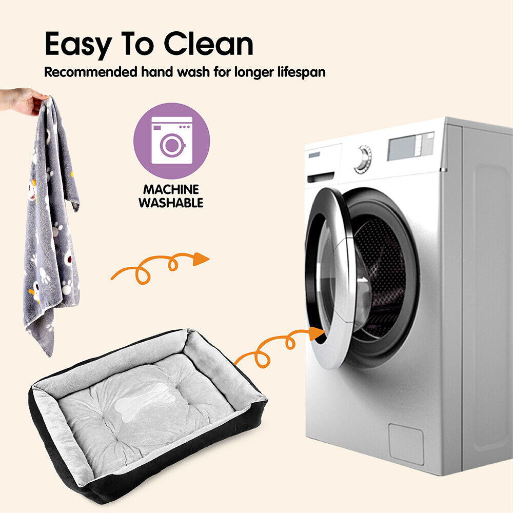 Dog bed and towel with washing machine, indicating machine washable feature.