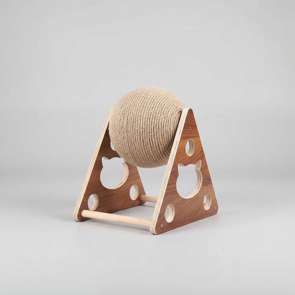 SpinNScratz Wooden Triangle Cat Scratcher with Rotating Sisal Ball