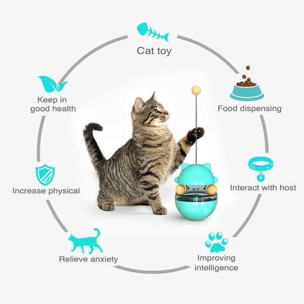 Cat playing with a toy, surrounded by text on benefits of the toy.