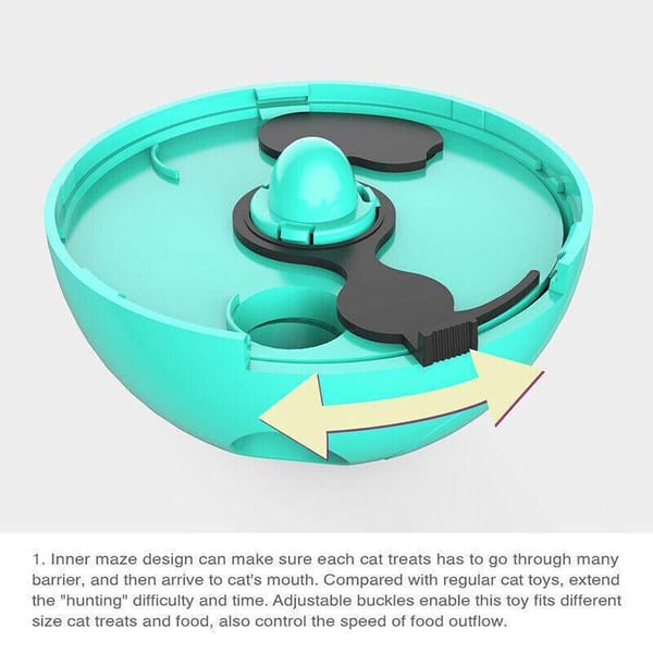 Teal and black cat toy with maze design on a light gray background