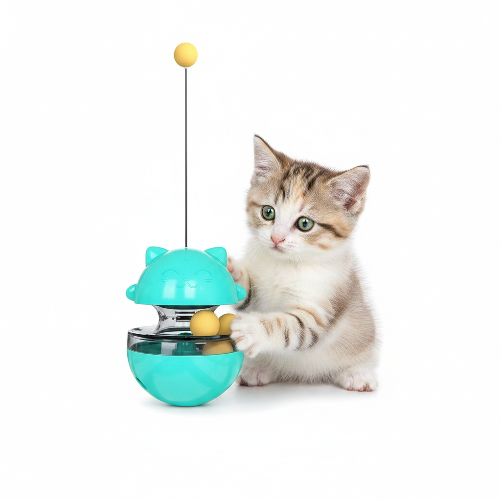 Cat playing with a turquoise and yellow cat toy on a white background