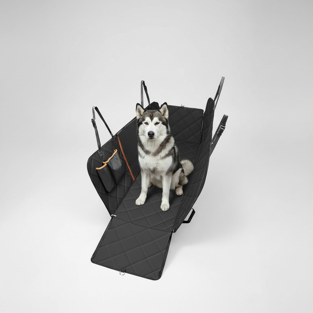 Dog sitting in a black pet car seat on a white background
