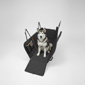 Dog sitting in a black pet car seat on a white background
