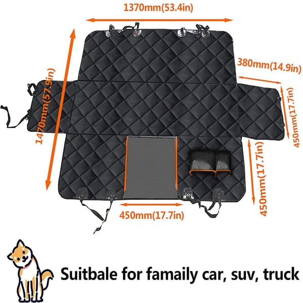 Black car mat with measurements and suitability for family cars, SUVs, and trucks.