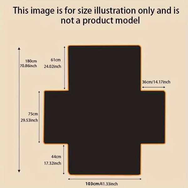 Measurement chart for a black cross-shaped mat on a beige background