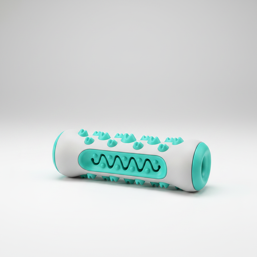 Teal and white textured roller on a light gray background