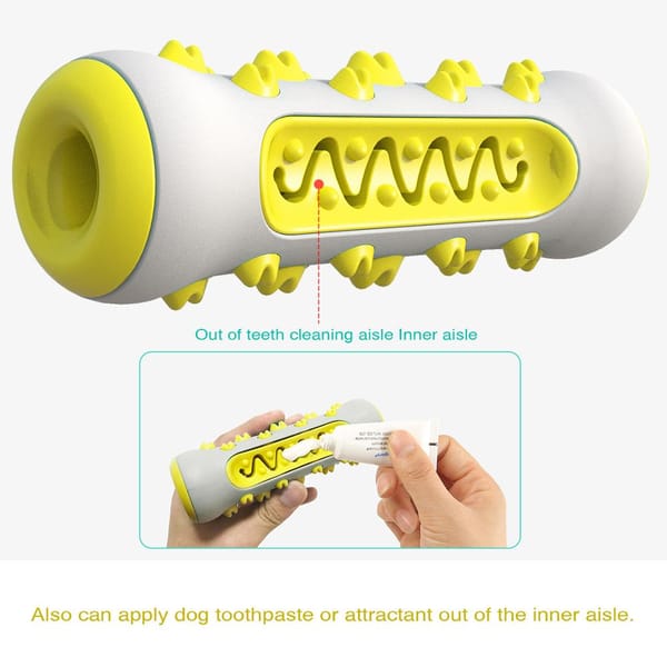 Dog toy with yellow and white design, held by a hand.