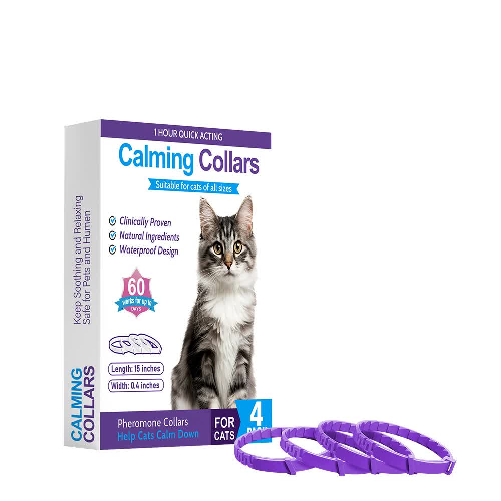 Cat calming collar packaging with a cat illustration on a white background