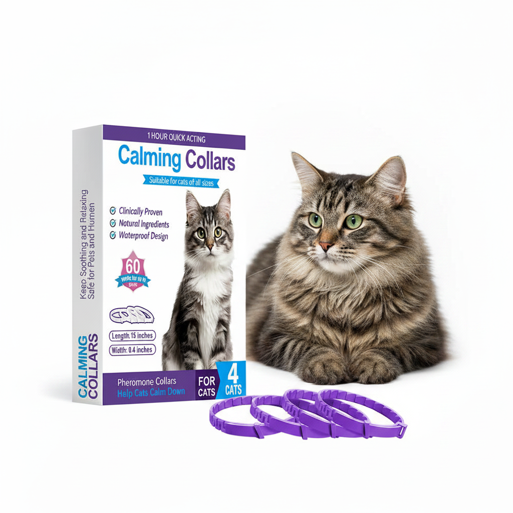 Cat calming collar packaging with a cat and two collars on a white background