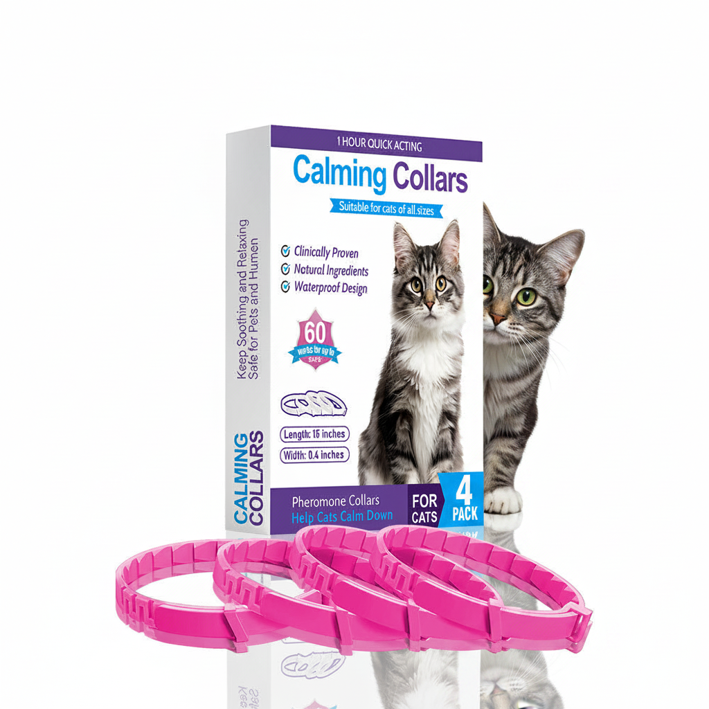Cat calming collar packaging with two cats and product display on a white background