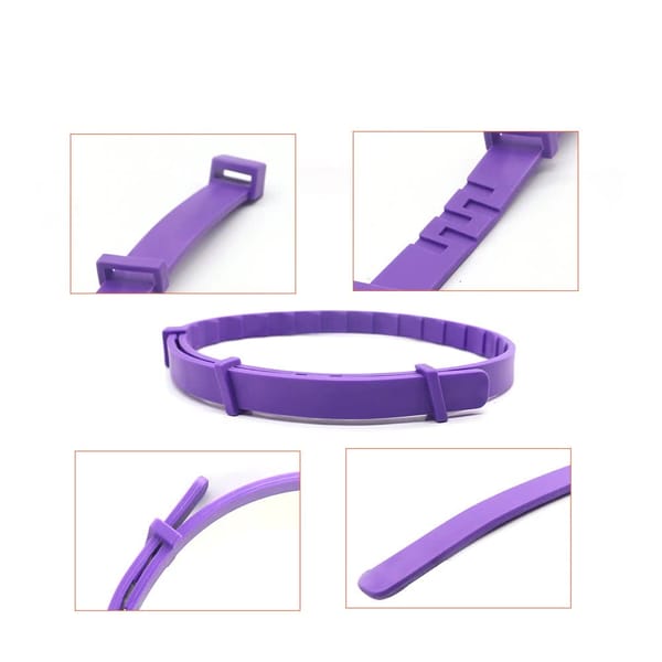 Collage of a purple plastic strap on a white background