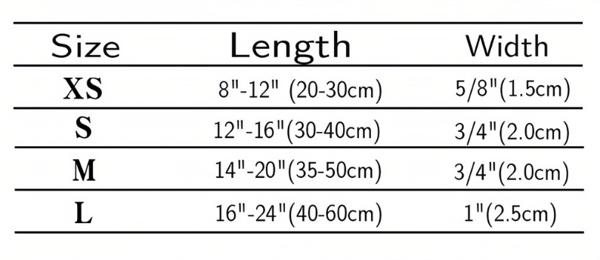 Table displaying size chart for dimensions in inches and centimeters