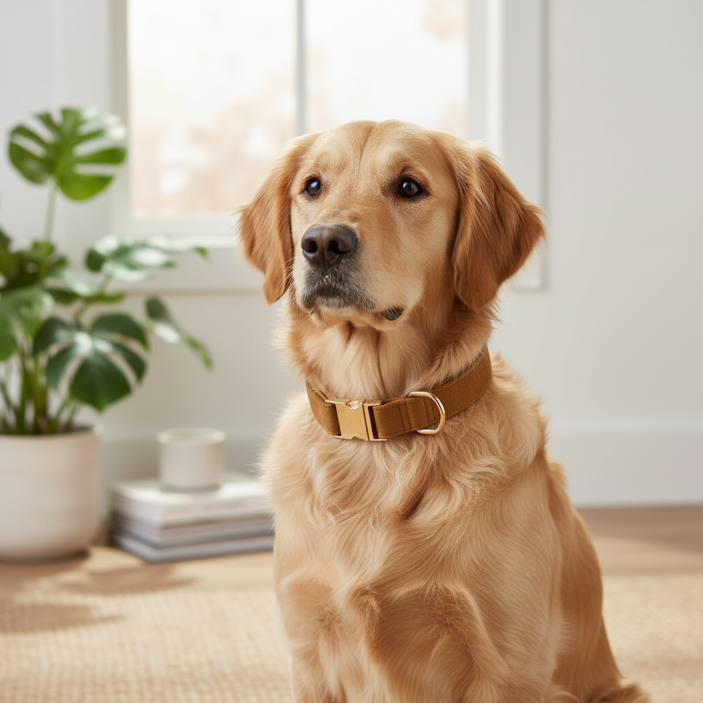 Golden retriever wearing a brown collar sitting indoors with a plant and books in the background.