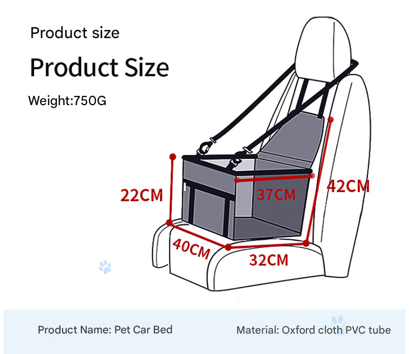 Diagram of a pet car bed with dimensions labeled on a white background