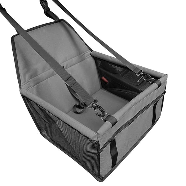 Gray pet seat carrier with straps on a white background