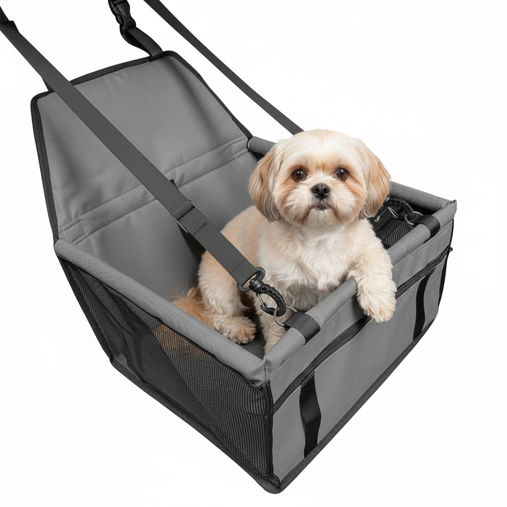 Dog sitting in a gray pet seat with straps on a white background