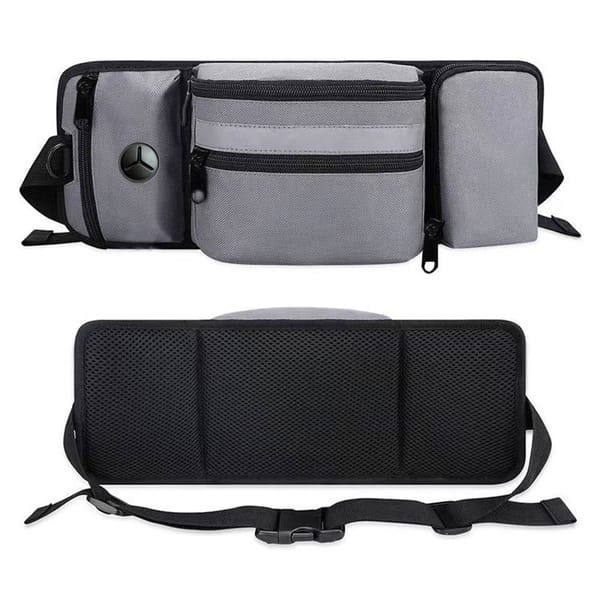Gray and black waist bag with multiple pockets and a Mercedes-Benz logo on a white background