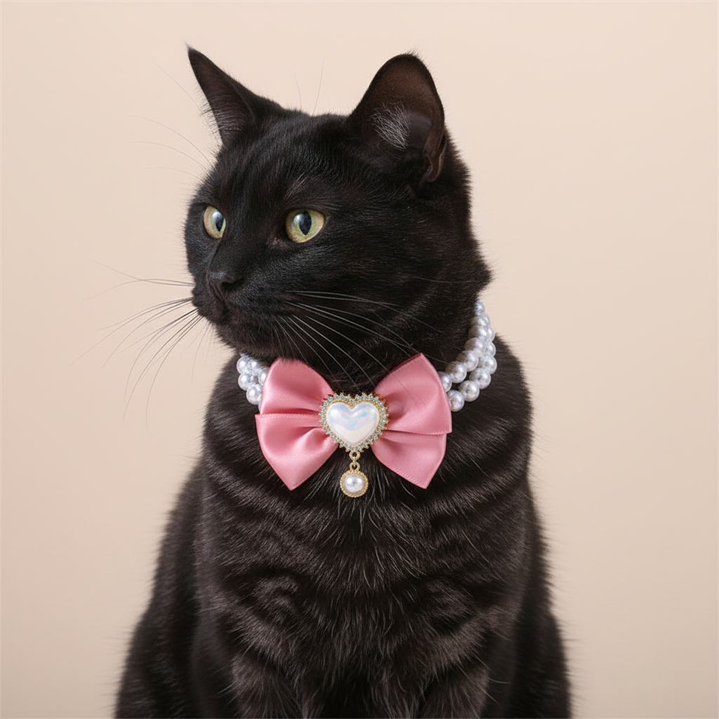 Black cat wearing a decorative pink bow and pearl collar on a beige background