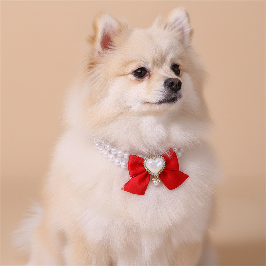 Small white dog wearing a red bow and pearl collar on a beige background