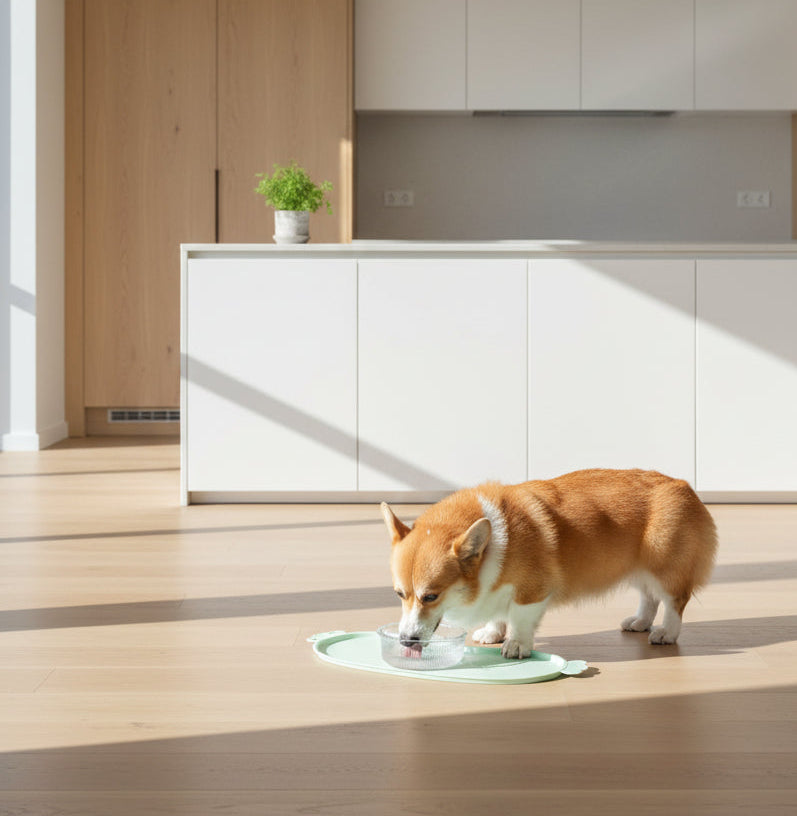 Dog drinking water from a bowl on a mat indoors