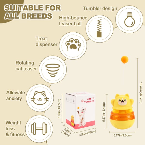 Cat tumbler with features listed on a beige background