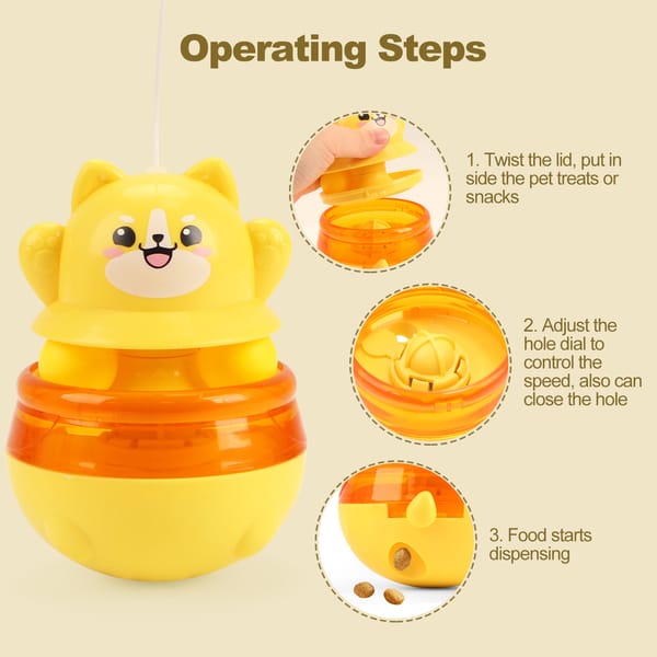 Yellow pet toy with operating steps on a beige background