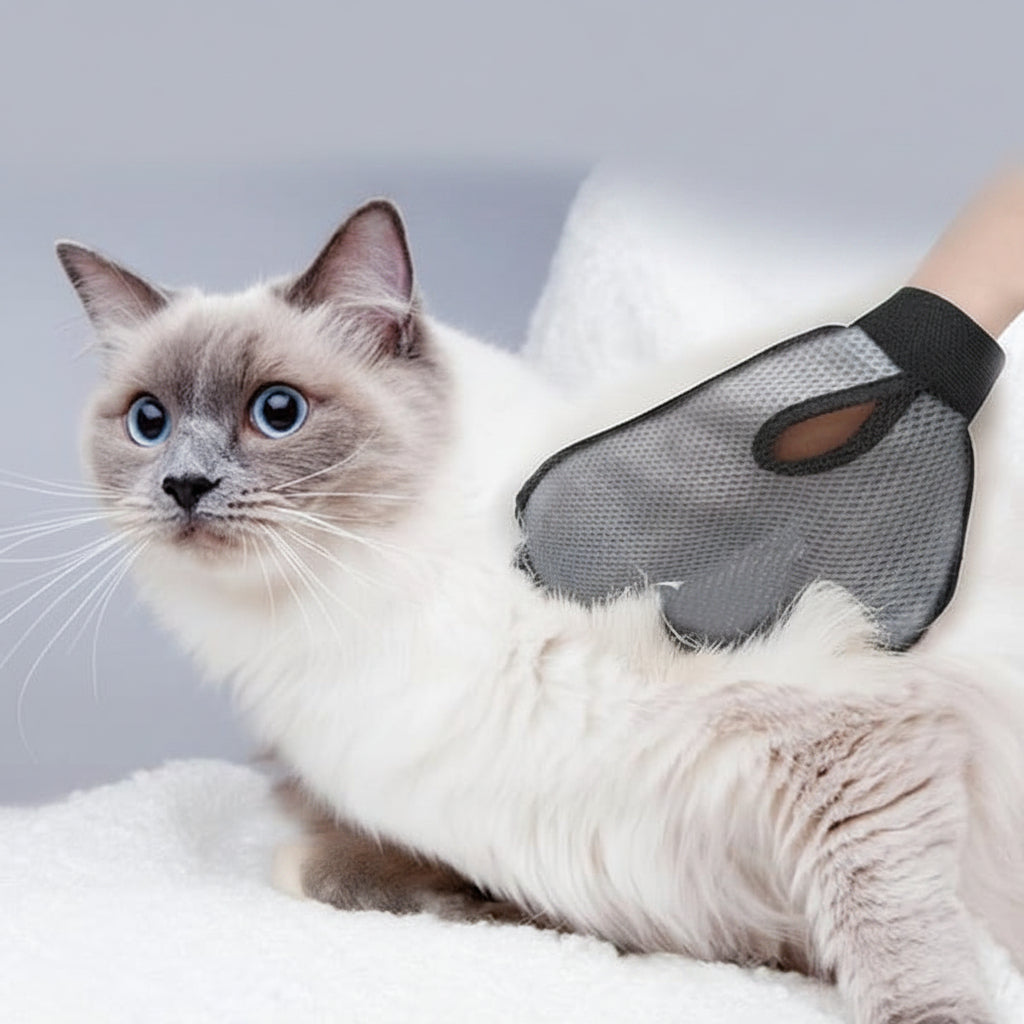 Cat being groomed with a grooming glove on a gray background