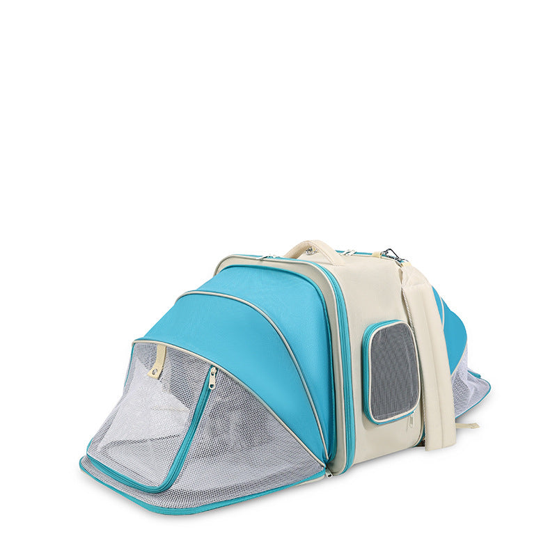 Pet carrier with blue and beige design on a white background