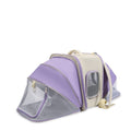 Pet carrier with purple and beige design on a white background