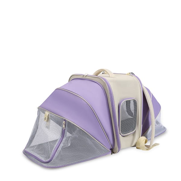 Pet carrier with purple and beige design on a white background