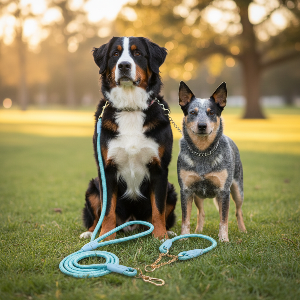 Two dogs on a leash in a park setting