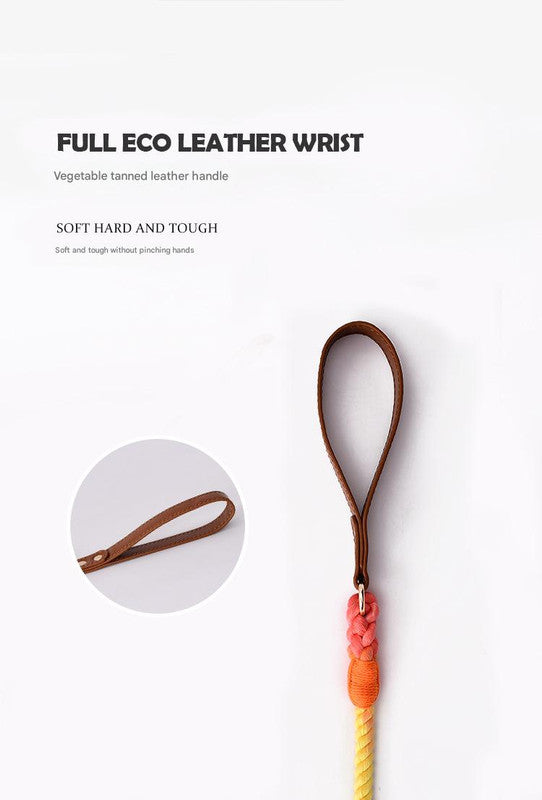 Brown eco-leather wrist strap with a colorful end on a white background, featuring text about the material and properties.