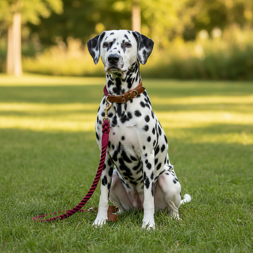 Dalmatian dog sitting on grass with a red leash