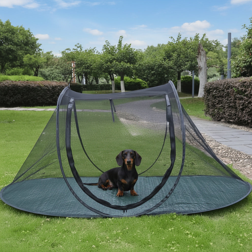 Pet enclosure on grass with pets above it