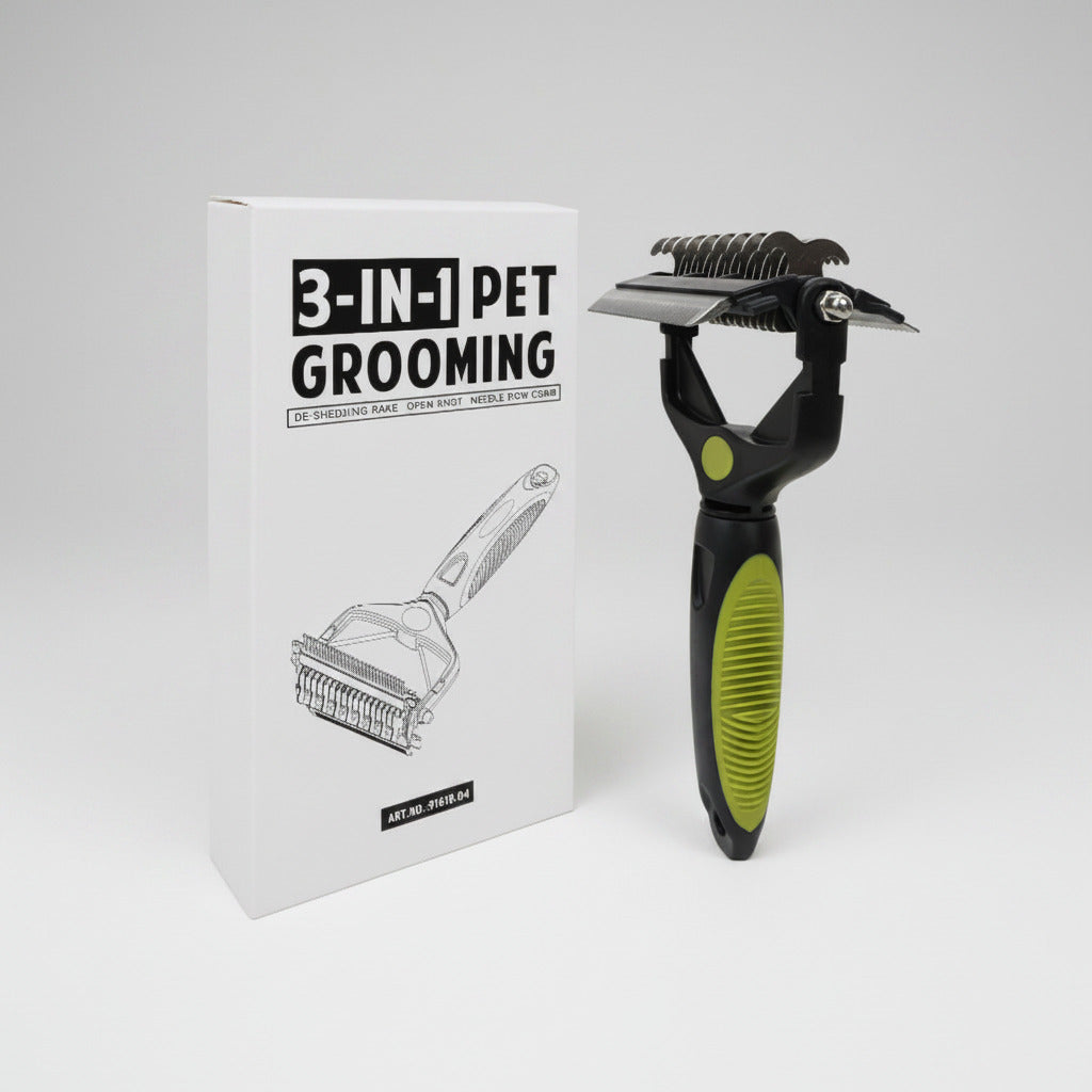 Green and Black Professional 3-in-1 Pet Grooming Tool - Dematting Rake, Deshedding Comb & Finishing Brush for Dogs & Cats