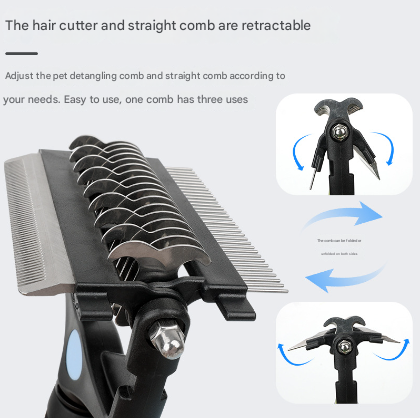 Retractable pet grooming comb with adjustable features on a gray background