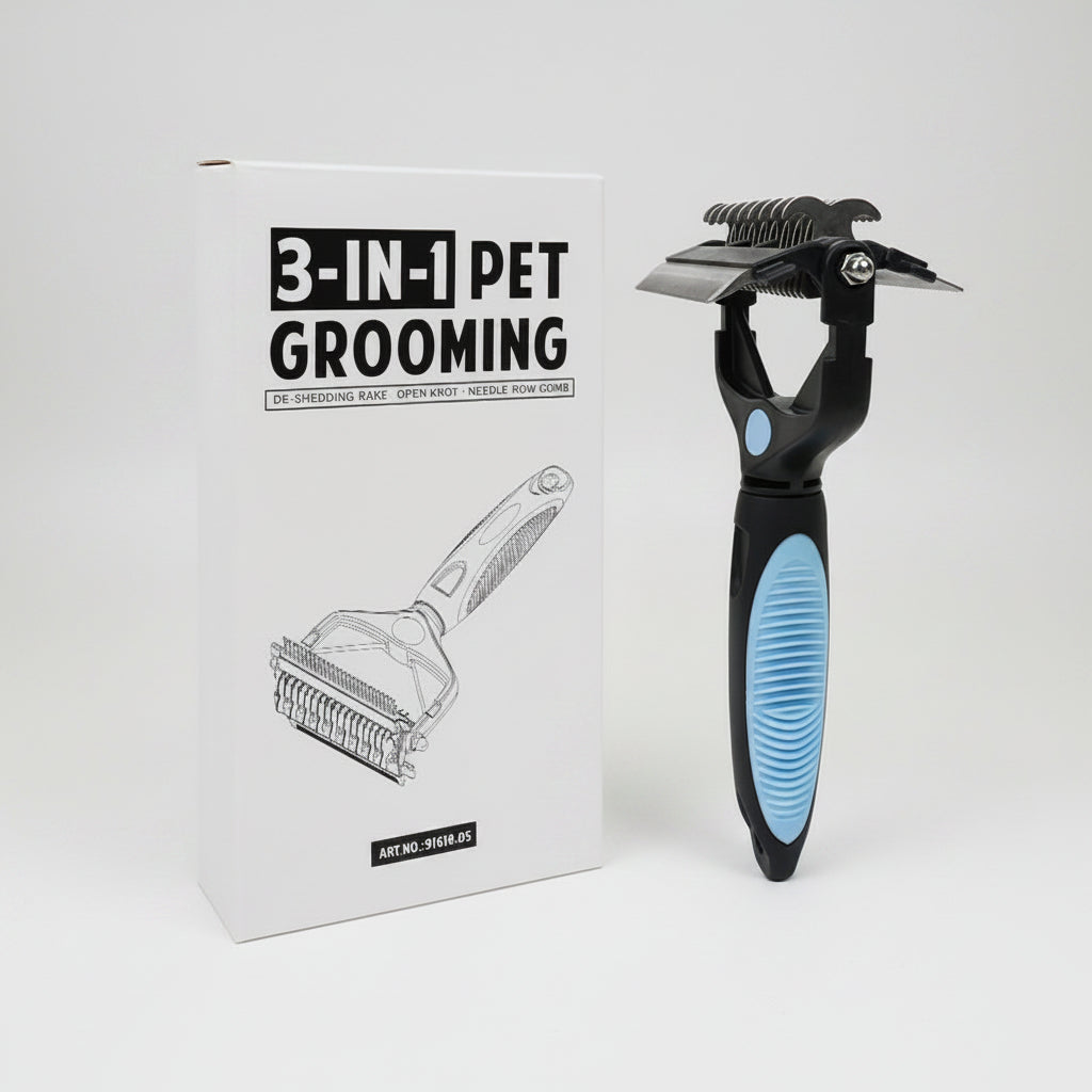 3-in-1 pet grooming tool with packaging on a white background
