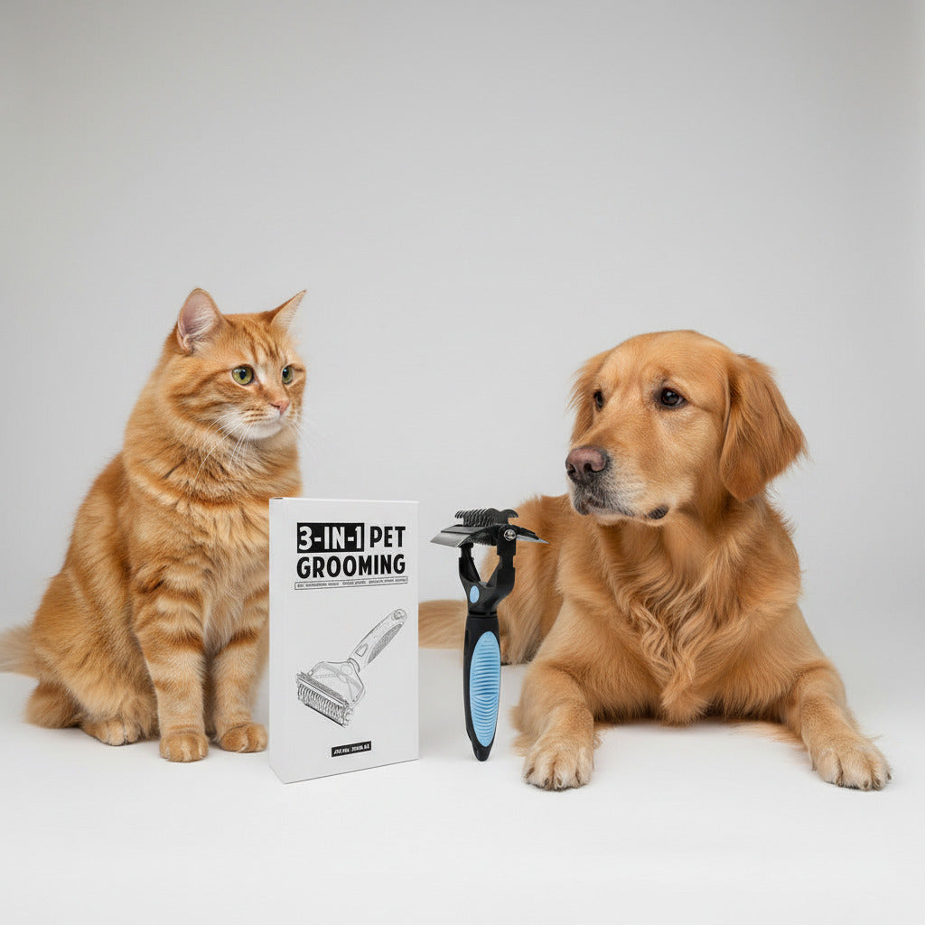 3-in-1 pet grooming tool with packaging on a white background