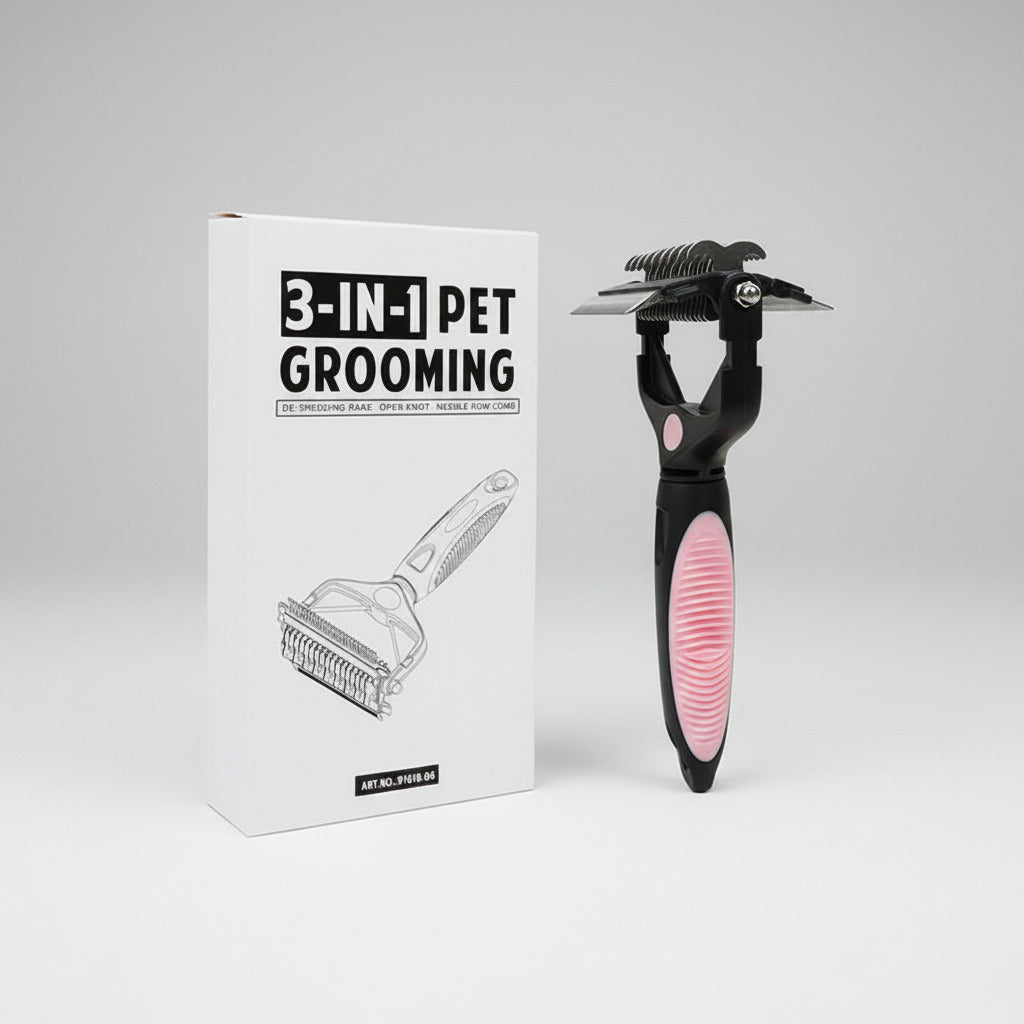 3-in-1 pet grooming tool with packaging on a white background