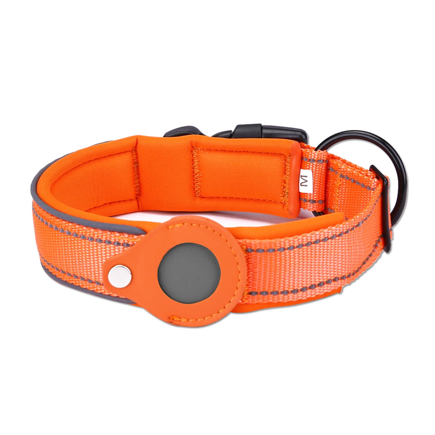 Orange dog collar with reflective strip on a white background