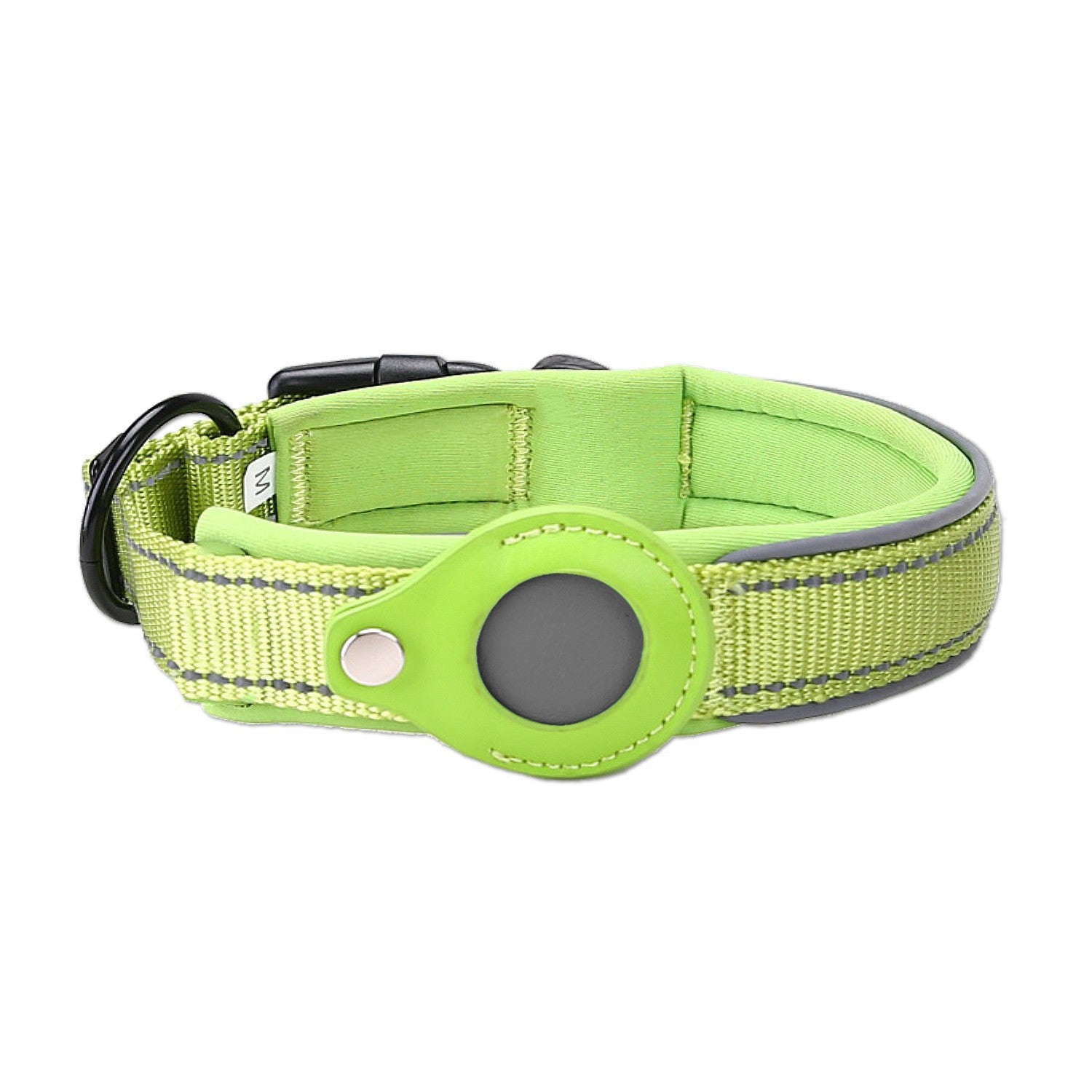 Green dog collar with reflective strip on a white background
